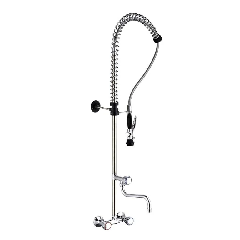 European Market Wash Faucet 90402 Double Hole Wall Mount Europe Mixing Pre Rinse Faucet For Commercial Use Toprinse