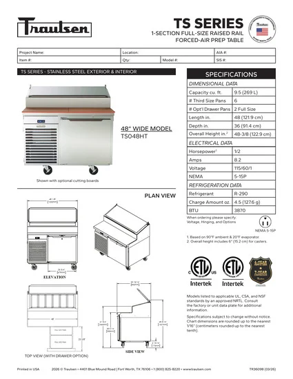 Bàn Sơ Chế Pizza Traulsen TS048HT