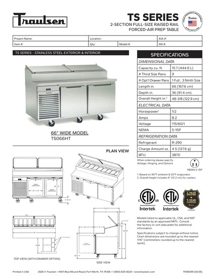 Bàn Sơ Chế Pizza Traulsen TS066HT