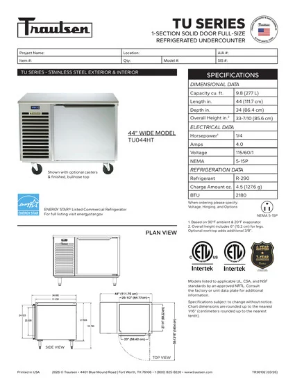 Traulsen Large Built-in Refrigerator TU044HT