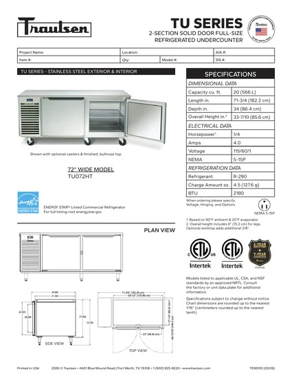 Traulsen Large Built-in Refrigerator TU072HT