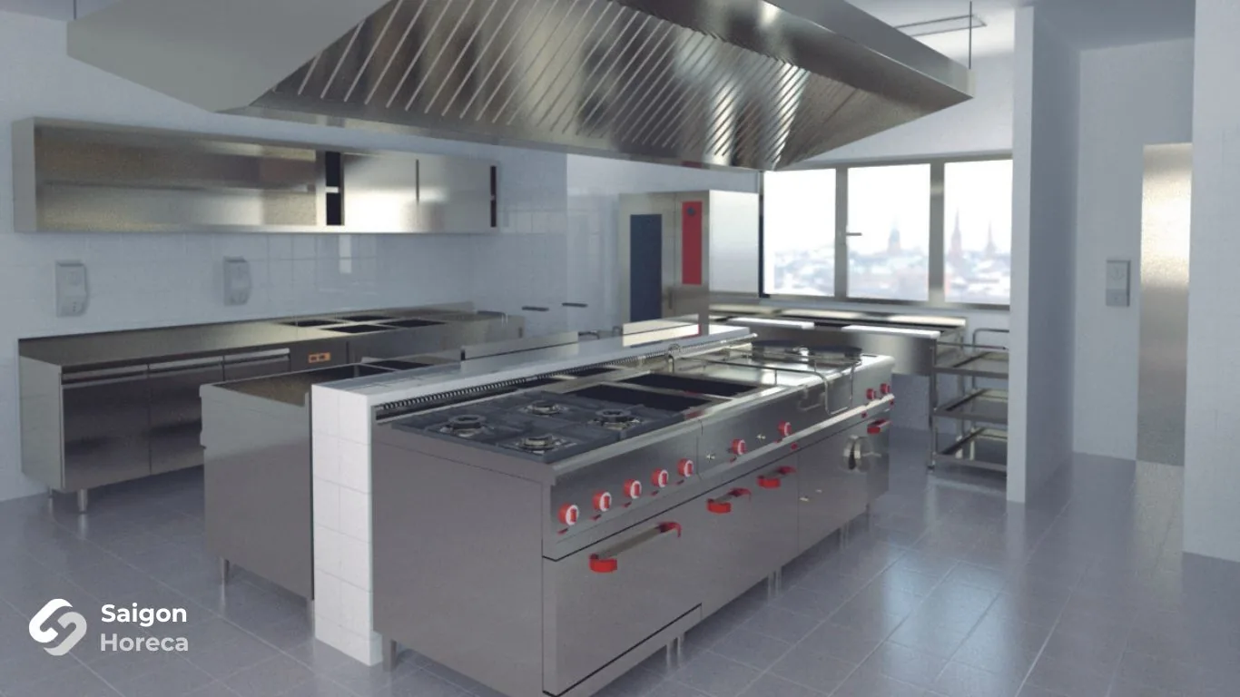 3D perspective rendering of the commercial stainless steel hot kitchen line at GodMother Friendship