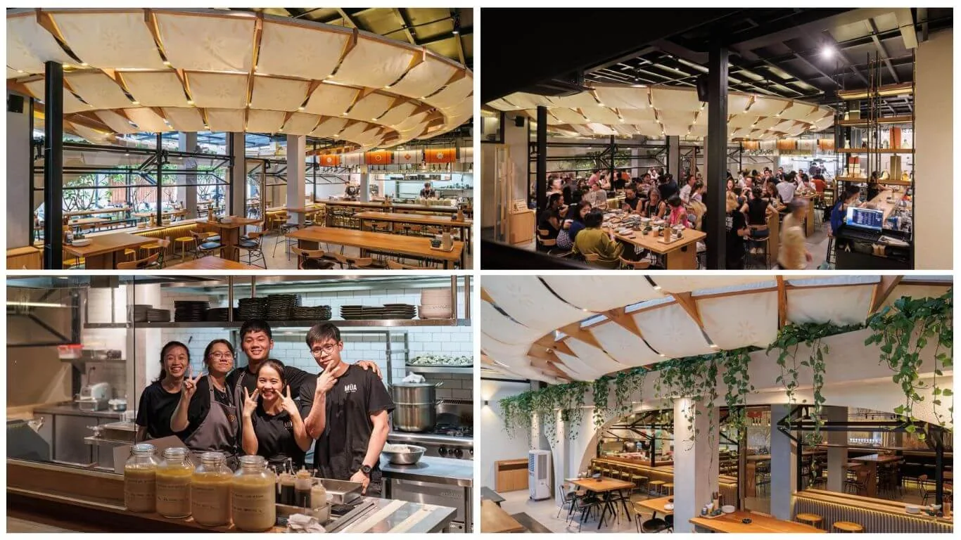 Khu ẩm thực food-hall rộng thoáng, đông khách tại Mùa Craft Sake