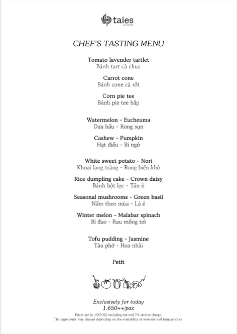 Chef tasting menu thuần chay Tales by Chapter
