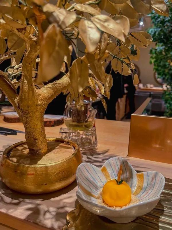 Không gian thưởng trà thiền tịnh tĩnh lặng với điểm nhấn là cây bonsai mạ vàng